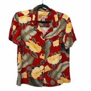 Vintage Caribbean Joe Button-Down Red Floral Hawaiian Shirt • 100% Rayon